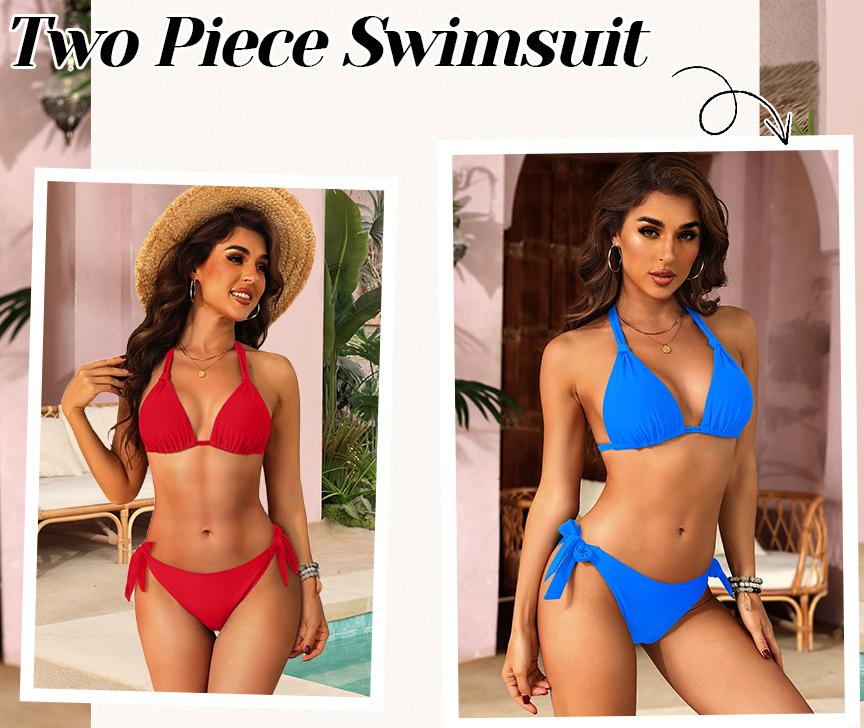 Aqua Eve Women Halter Bikini Set - Two Piece Triangle Swimsuit Tie Bathing Suit Cute Swimwear