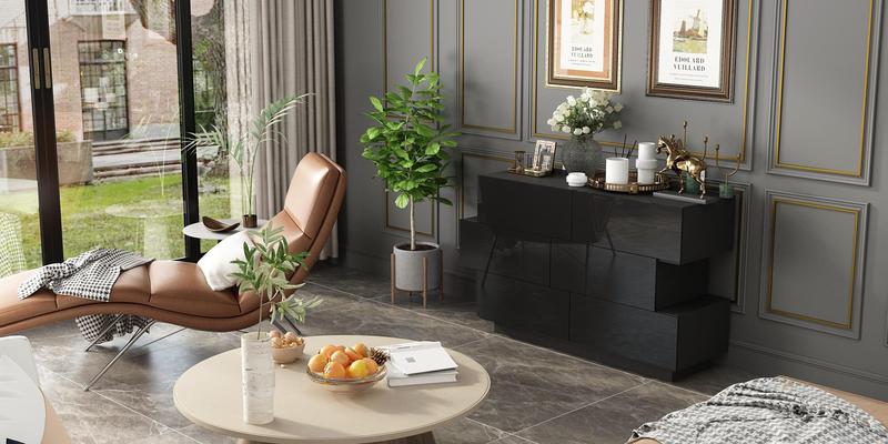 FUFU&GAGA Modern Dresser Storage Chest with 6 Drawers & Stylish Shape, Wood Double Dresser Chest with Glossy Surface for Bedroom Mdf Cabinets Black Furniture