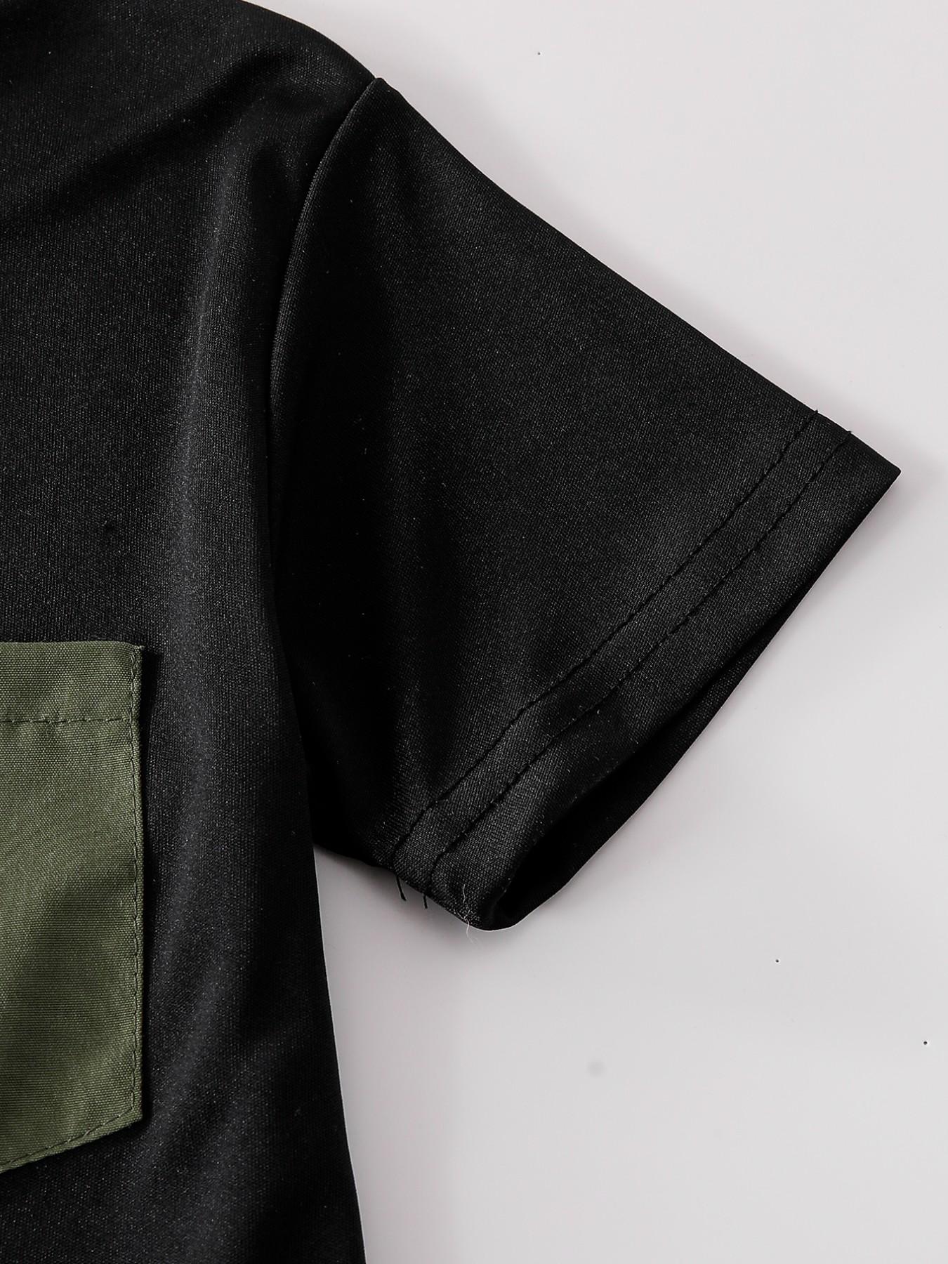 Boys' Summer Fashion Set, Casual Round Neck Short Sleeve T-Shirt with Pocket Design, Cool Breathable Outdoor Wear, 2-Piece Set