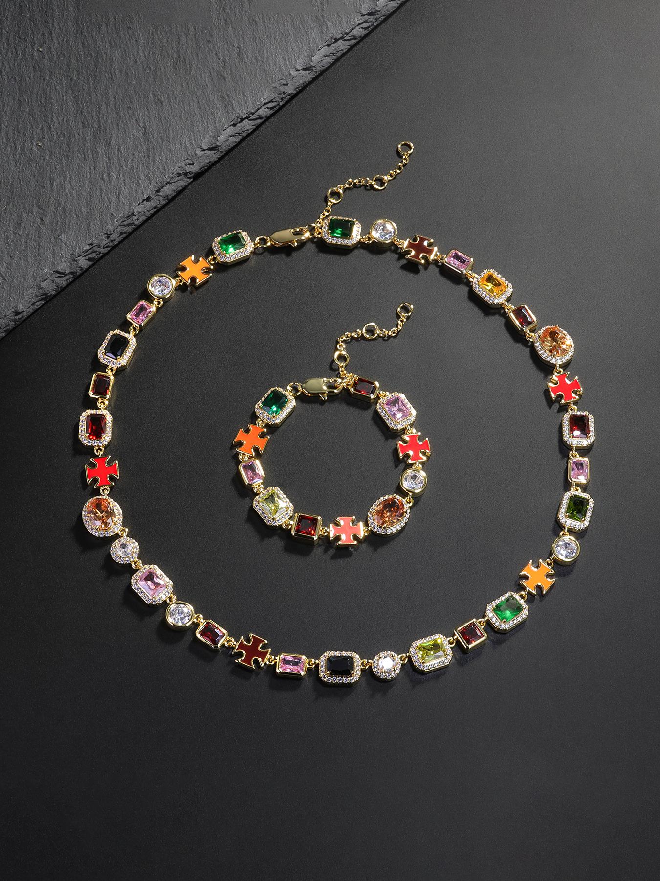 Iced Chics 2pcs/set Necklace Bracelet Set, Zirconia Jewelry Set, Colorful Zircon Cross Drip Pendant, Hip Hop Street Style, Unisex, Perfect Gift, All Seasons