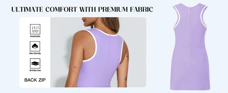 FISOEW Women's Pink Workout Tennis Dress with Built-in Bra & Shorts Pockets Sleeveless Crewneck Golf Athletic Mini Dresses Activewear Machine Washable Soft Breathable Fabric