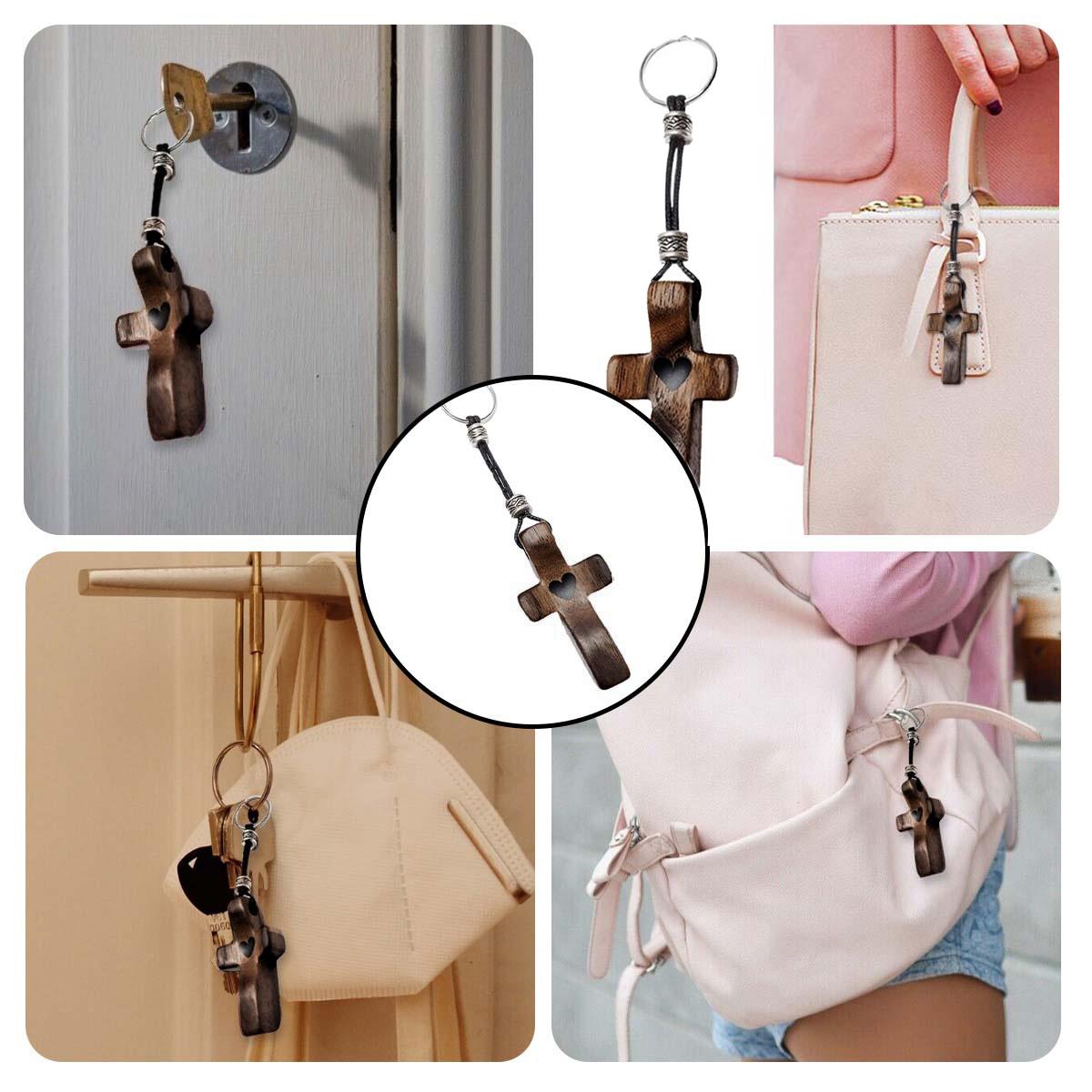 3/6 wooden heart-shaped cross keychains suitable for men and women, with heart-patterned charm key rings, walnut prayer, pocket cross fingertip anxiety relief stress-reducing heart keychain pendant, encouraging gift for loved ones, meaningful gift for her