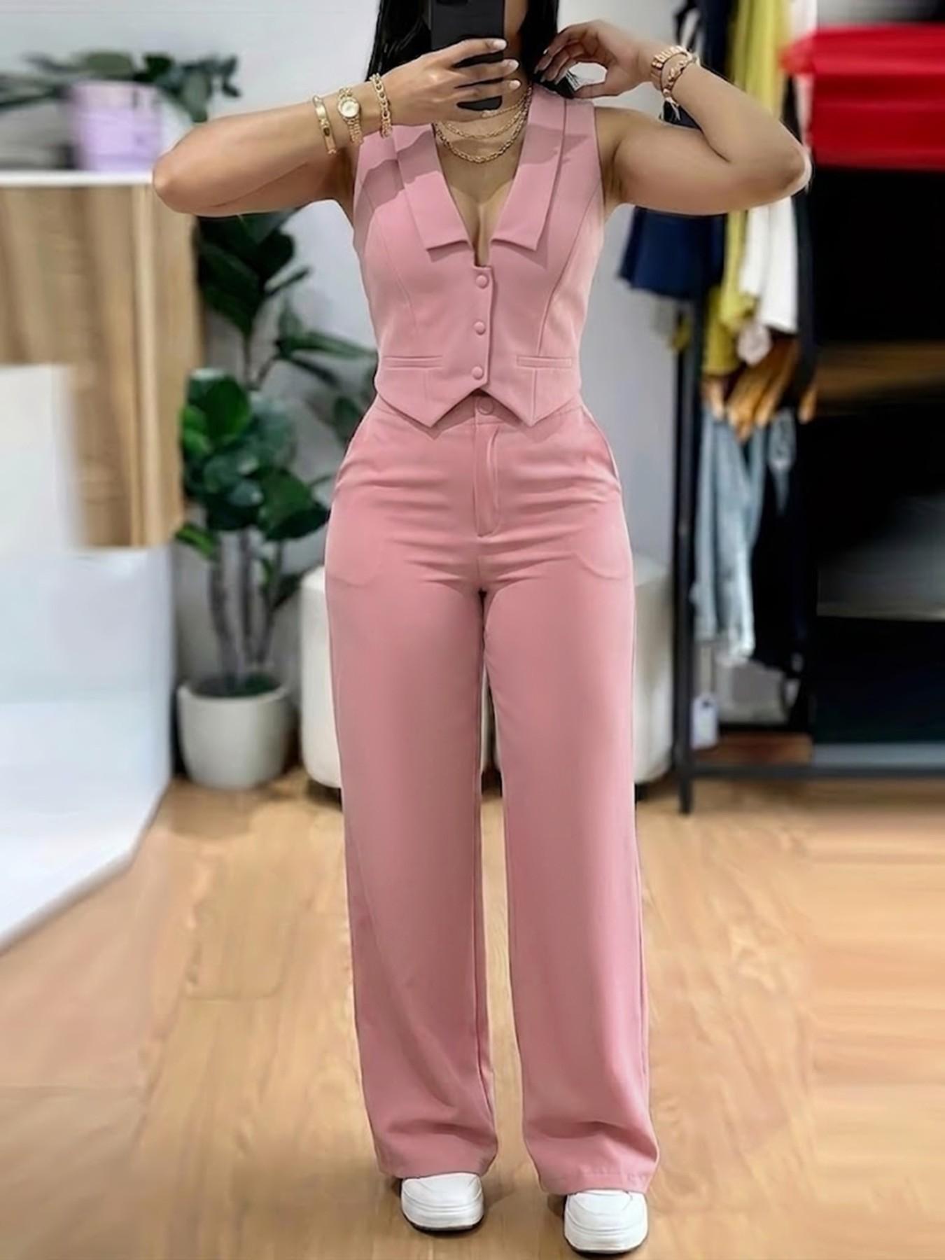 Women's Two-Piece Set, Sleeveless Waist-Cropped Vest and Wide-Leg Pants, Casual Loose-Fit Solid Pattern, All-Season Outer Vest