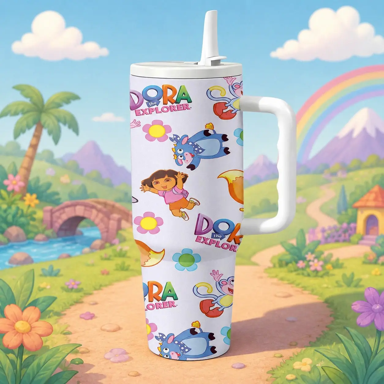 Dora the Explorer 40oz Tumbler with Handle, Lid & Handle, Stainless Steel Insulated Travel Mug with Straw, Perfect for On-The-Go Use