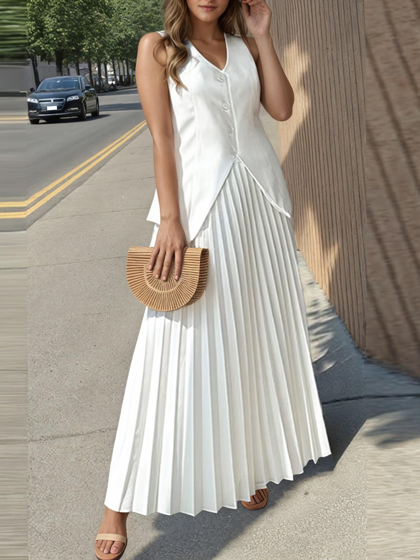 Two-piece Set Women's Solid V Neck Vest Top & Pleat Skirt, Casual Fashion Cozy Set for Daily Outdoor Wear, Ladies Clothes for All Seasons, Suits