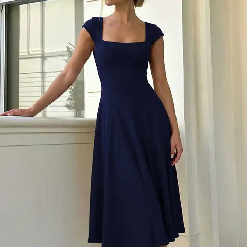 Women's Solid Color Square Neck Tie-back Bodycon Pleated Dress, Butterfly Short Sleeves Ruched Backless Lace-up A-line Midi Dress, Formal Wear, Holiday Party Club Date, Night Out Dress, Summer Holiday Daily Casual Dresses