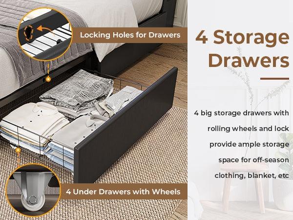 Sikaic 4 Storage Drawers LED Bed Frame with Charging Station Black Furniture Home Modern Interior Upholstered Platform