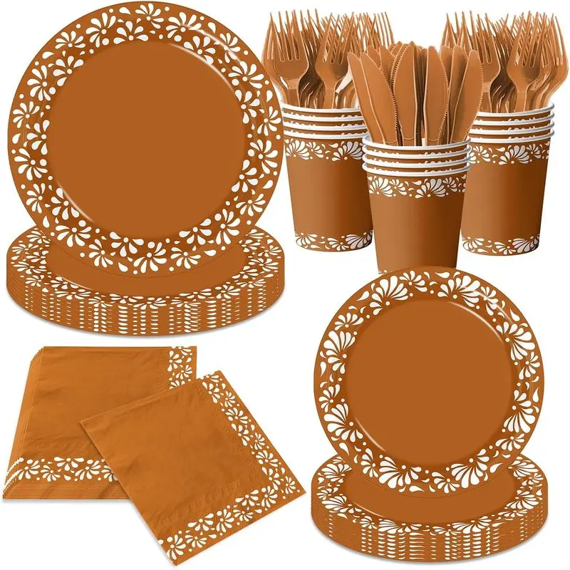 144-Piece Floral Cielito Lindo Mexican Fiesta Disposable Plastic Tableware Set - Serves 24, Includes Plates, Cups, Napkins, Utensils (Forks), for Birthday Party, Baby Shower Serving