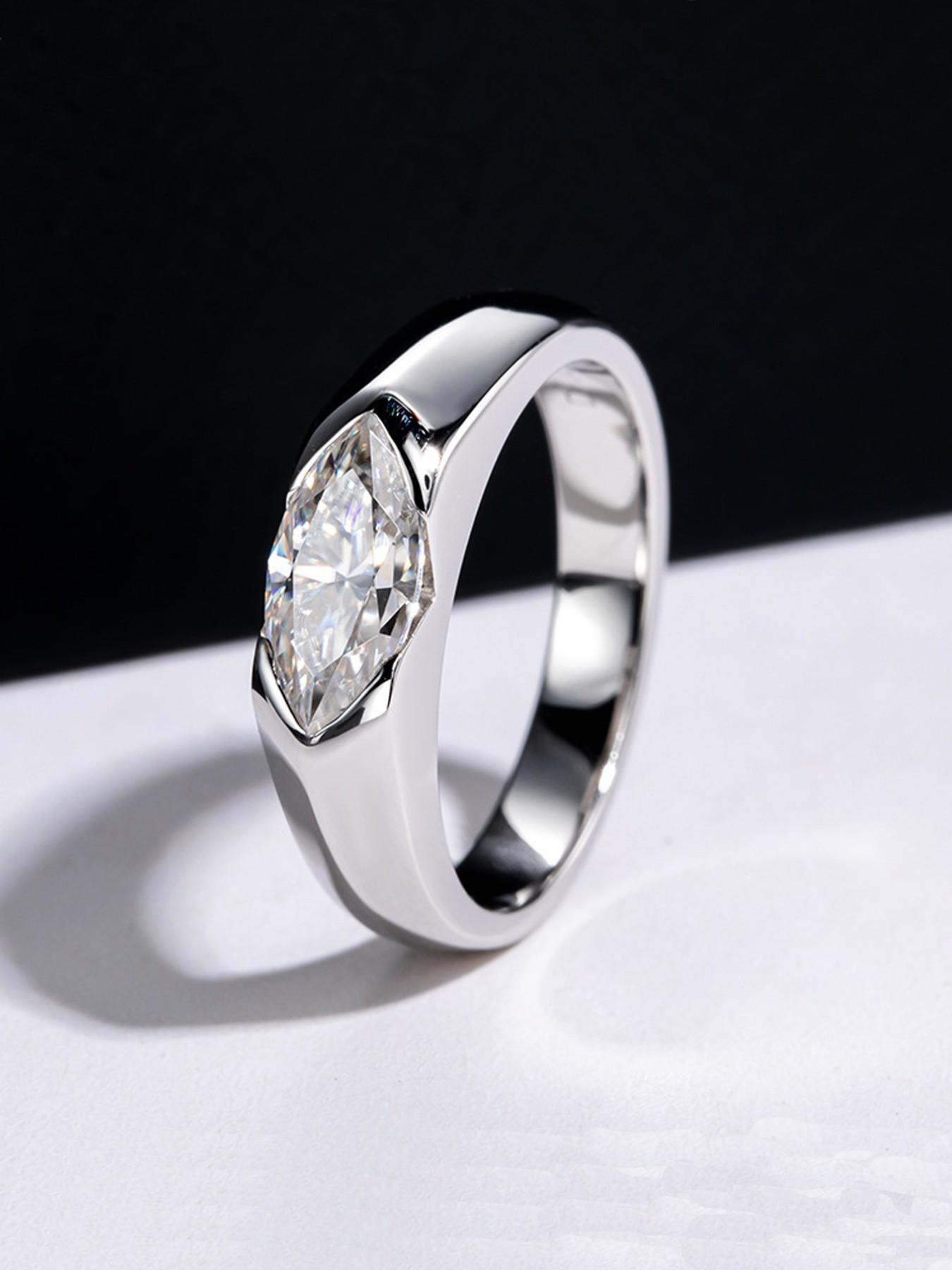 1 Carat 5*10mm Marquise Cut Moissanite Half-Bezel Couple Rings, S925 Silver, Suitable for Daily Wear, Proposal & Wedding, Ideal Gift for Valentine’s Day, Birthday, Anniversary & Date