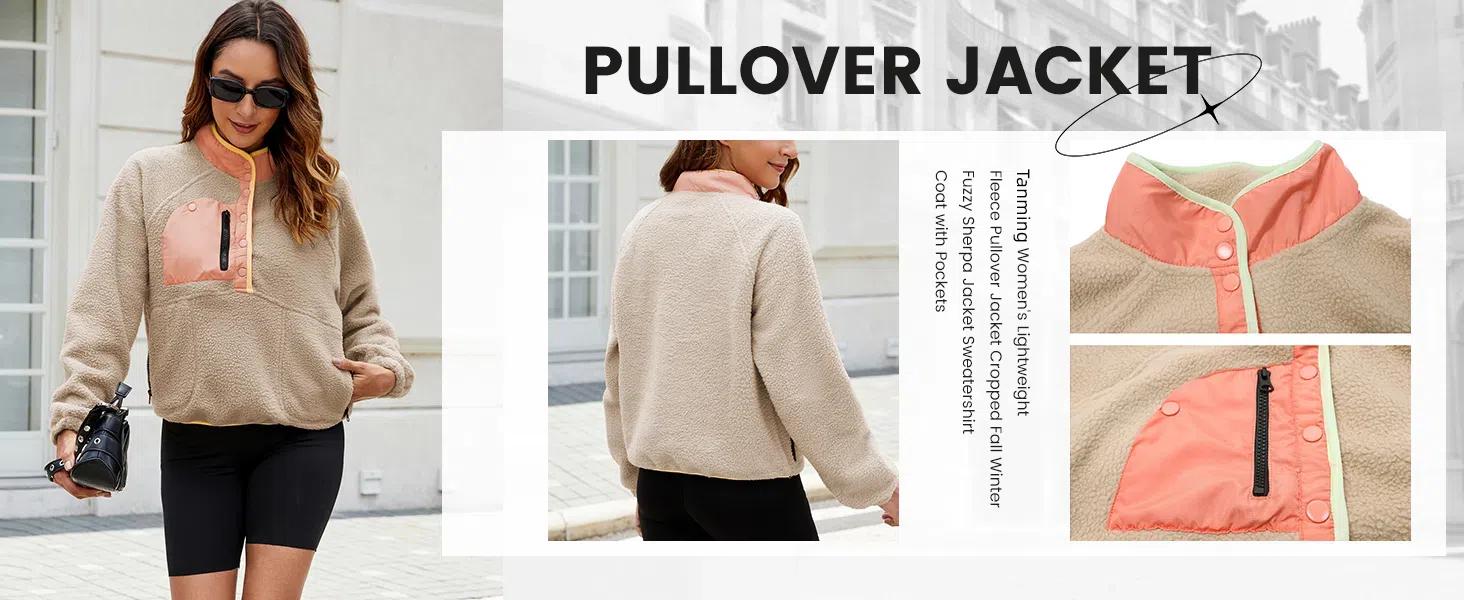 Tanming Womens Cropped Sherpa Fleece Pullover Zip Up Jacket with Pockets Soft Fuzzy Lightweight Warm Coat Outerwear Womenswear Baggy Long Sleeve