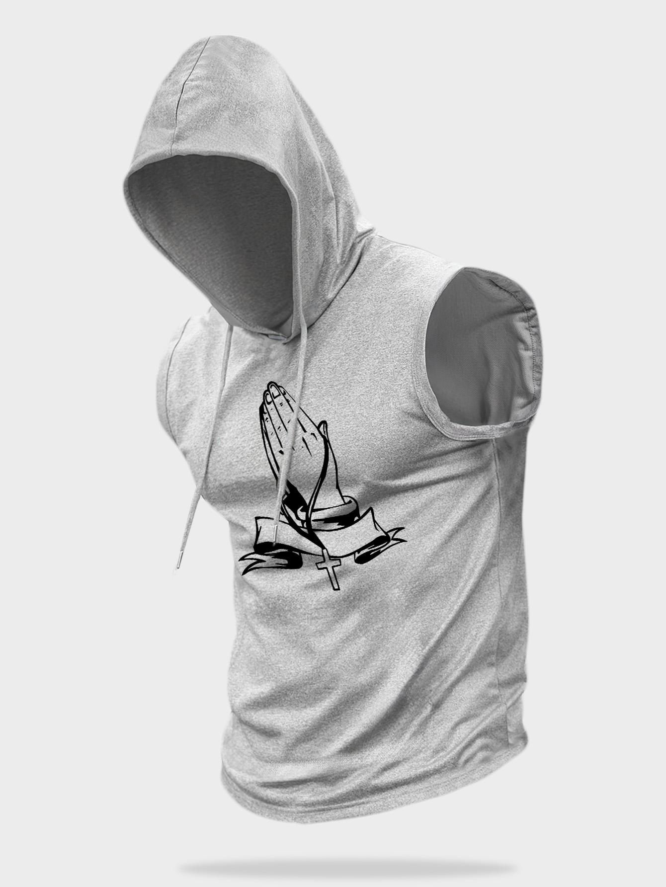 Men's Cartoon Print Hooded Vest, Regular Fit Casual Sleeveless Hoodie Vest for Summer, Fashion Men's Clothes for Daily Wear, Menswear, Tank Top Hoodie, Printed Hooded, Sweatshirts, Graphic Hoodies, Casual Pullover Hoodie, Casual Drawstring Hooded