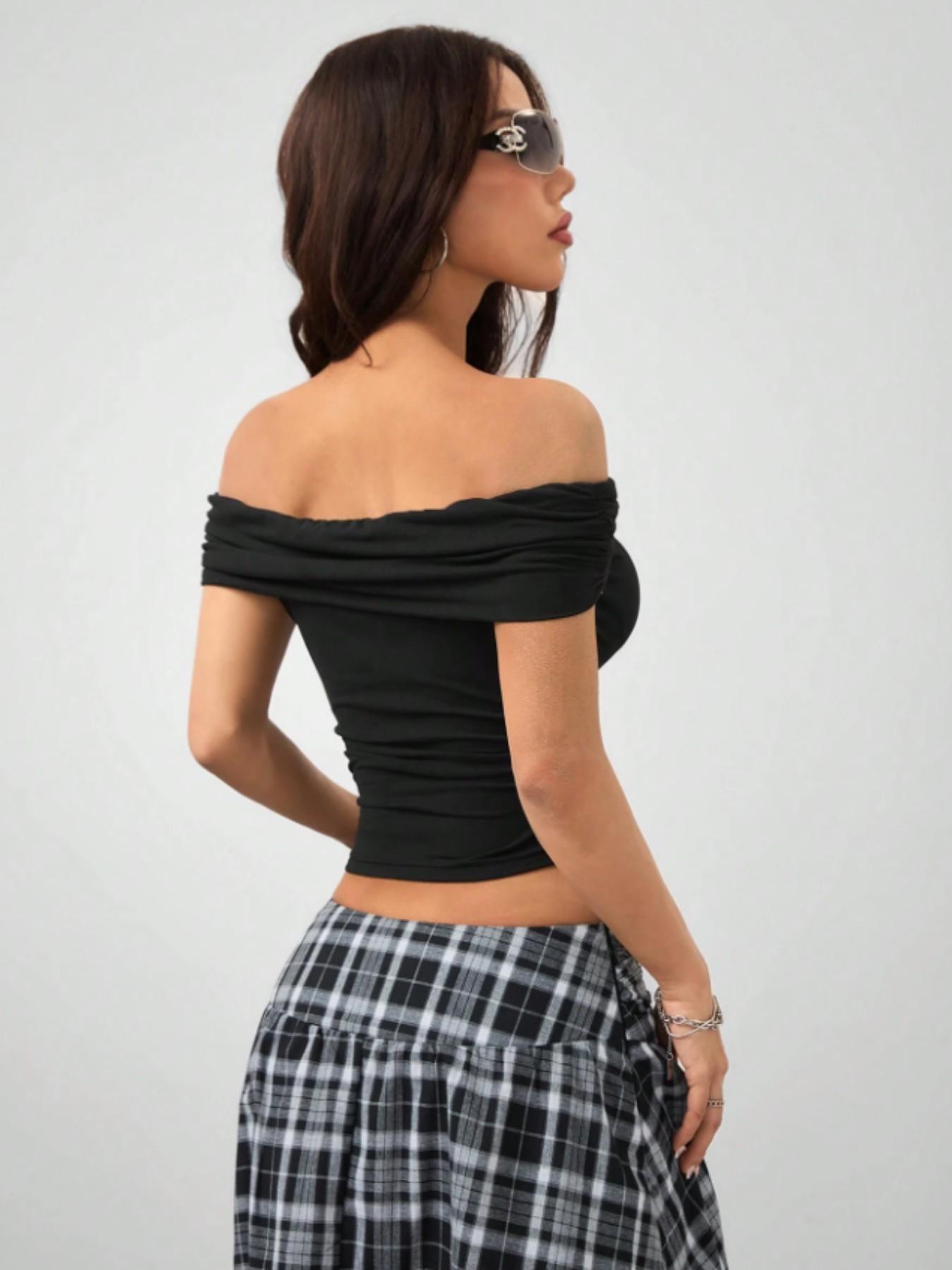 Women's One-Shoulder Ruched Short Top, Bodycon Barbie Neck T-Shirt, Y2K Retro Street Style, Summer Elastic Soft Fashion