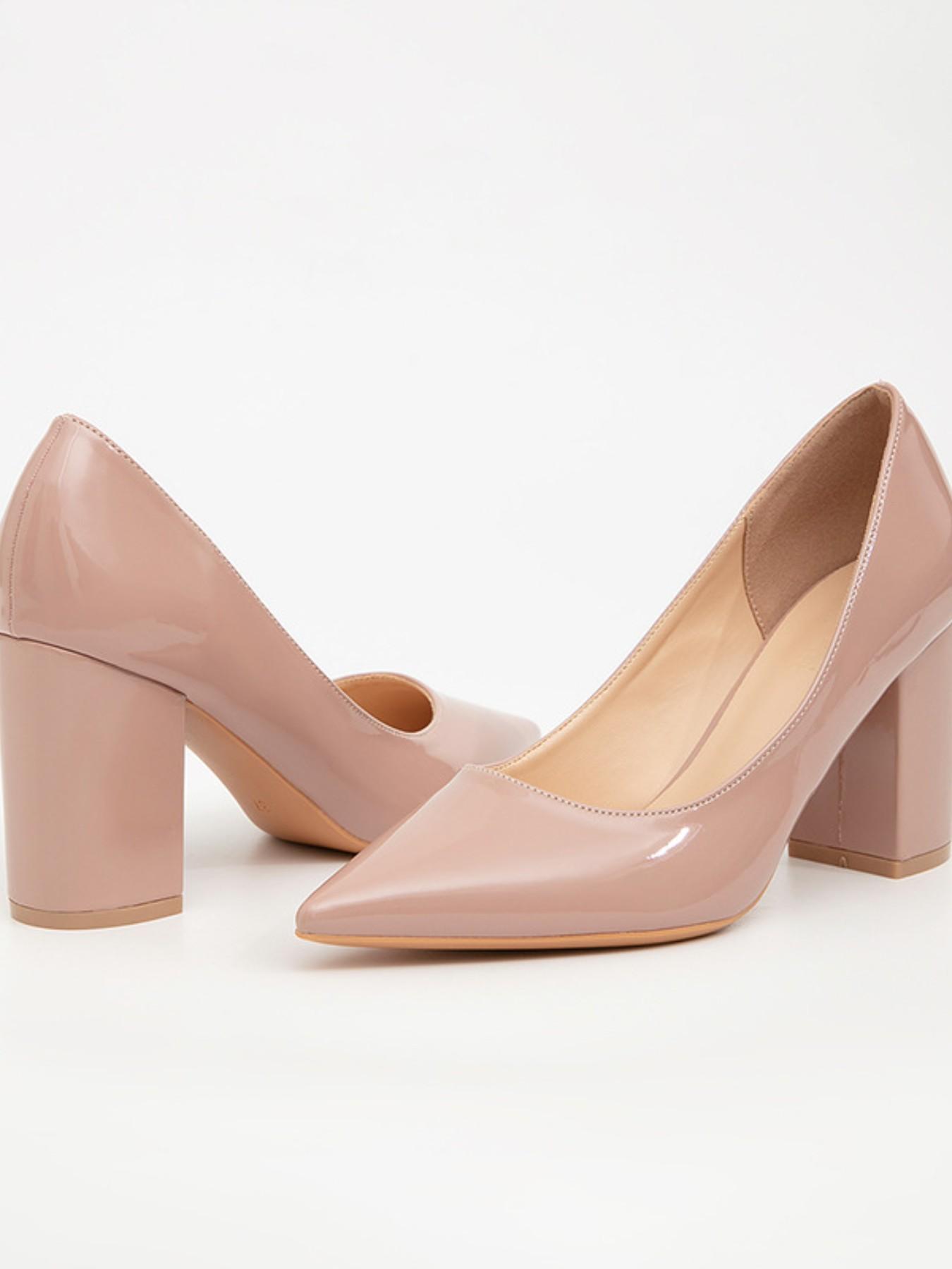 1 Pair Women's Apricot Pointed Toe Block Heel Pumps, Elegant Office Style, Slip-On Shallow Cut Patent Leather, For Ladies Daily Work & Party