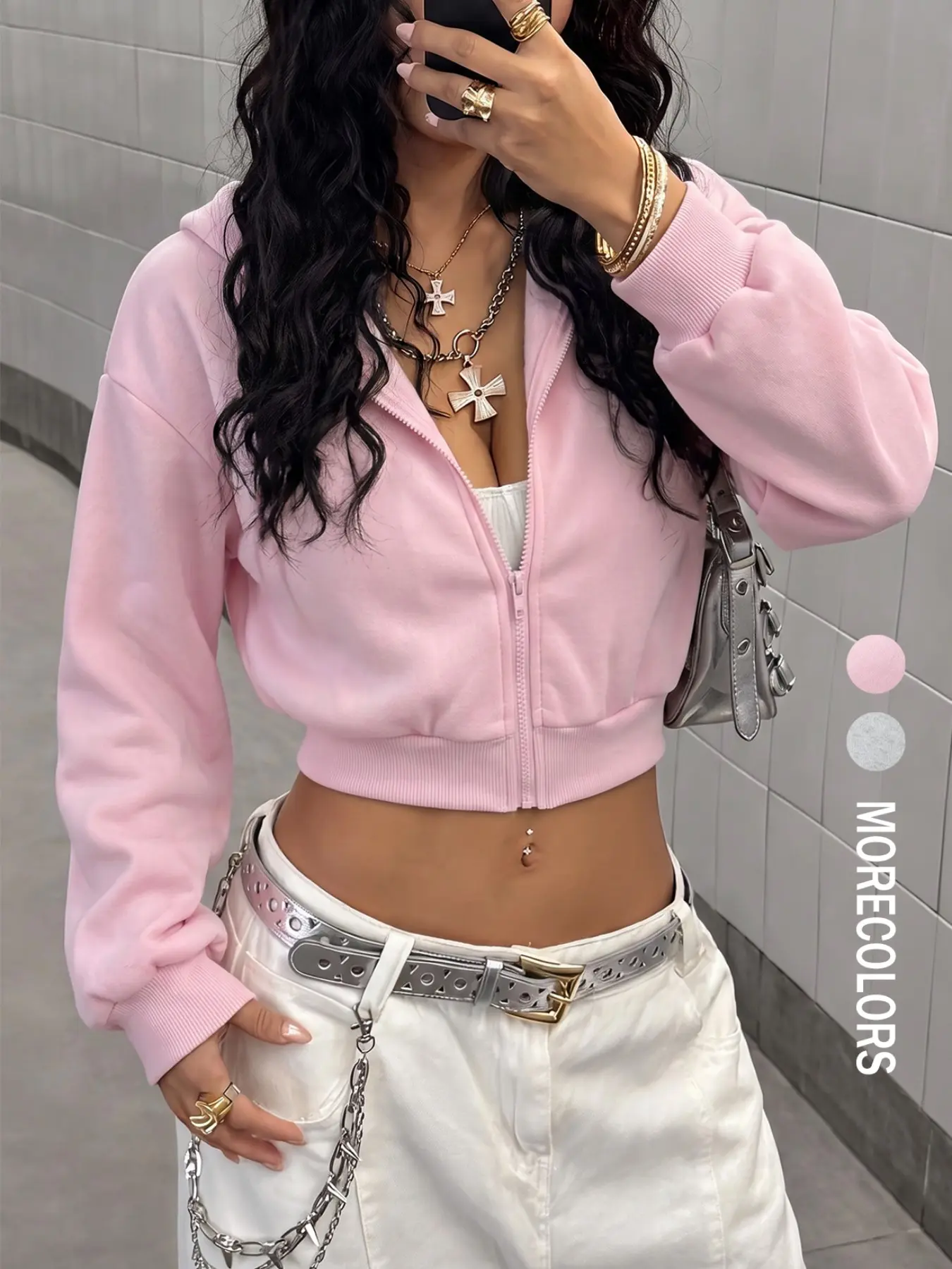 Women Pink Hooded Cropped Jacket, Loose Zip Up Sweatshirt Long Sleeve Top, Casual Sporty Streetwear Outerwear, Suitable For Street Shooting, Daily Shopping, Campus Outing, Weekend Hangout