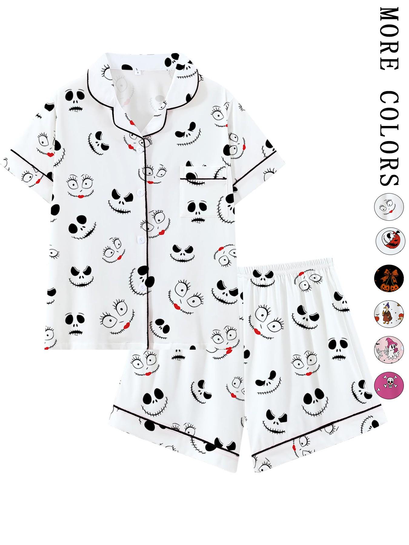 Creepy Cute Skeleton Halloween Pattern Short Sleeve Pajama Set, Spooky Stitched Face Graphic Sleepwear with Black Piping, Goth Style Summer Loungewear Set, Fun 2-Piece PJs