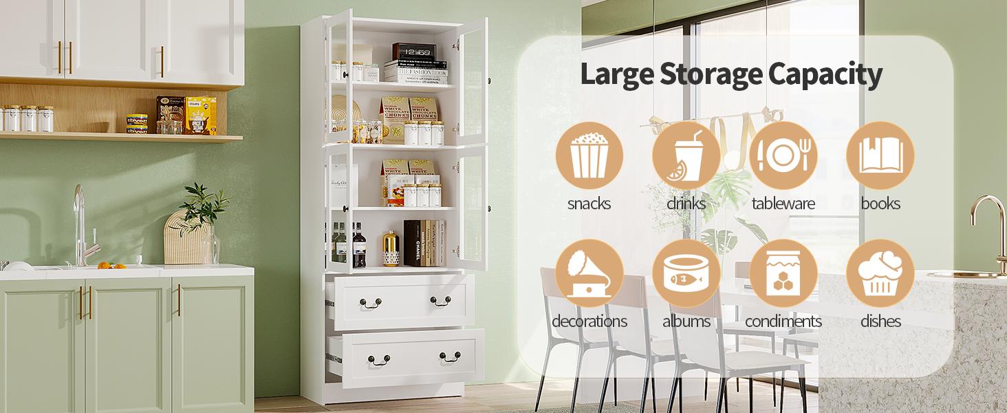 VOWNER 79'' Tall Modern Kitchen Pantry Storage Cabinet with 2 Drawers and 4 Glass Door for Living Room,Entryway,Bedroom Furniture Cupboard