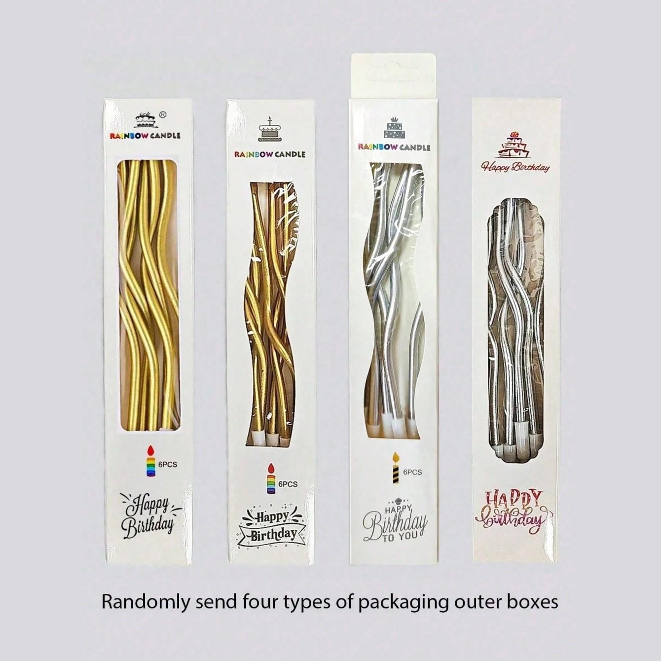 6Pcs/Box Spiral Twisted Birthday Cake Candles - Curved Gold/Silver Metallic Cake Toppers, Elegant Arch Candles for Birthdays, Weddings, Festivals & Party Decorations