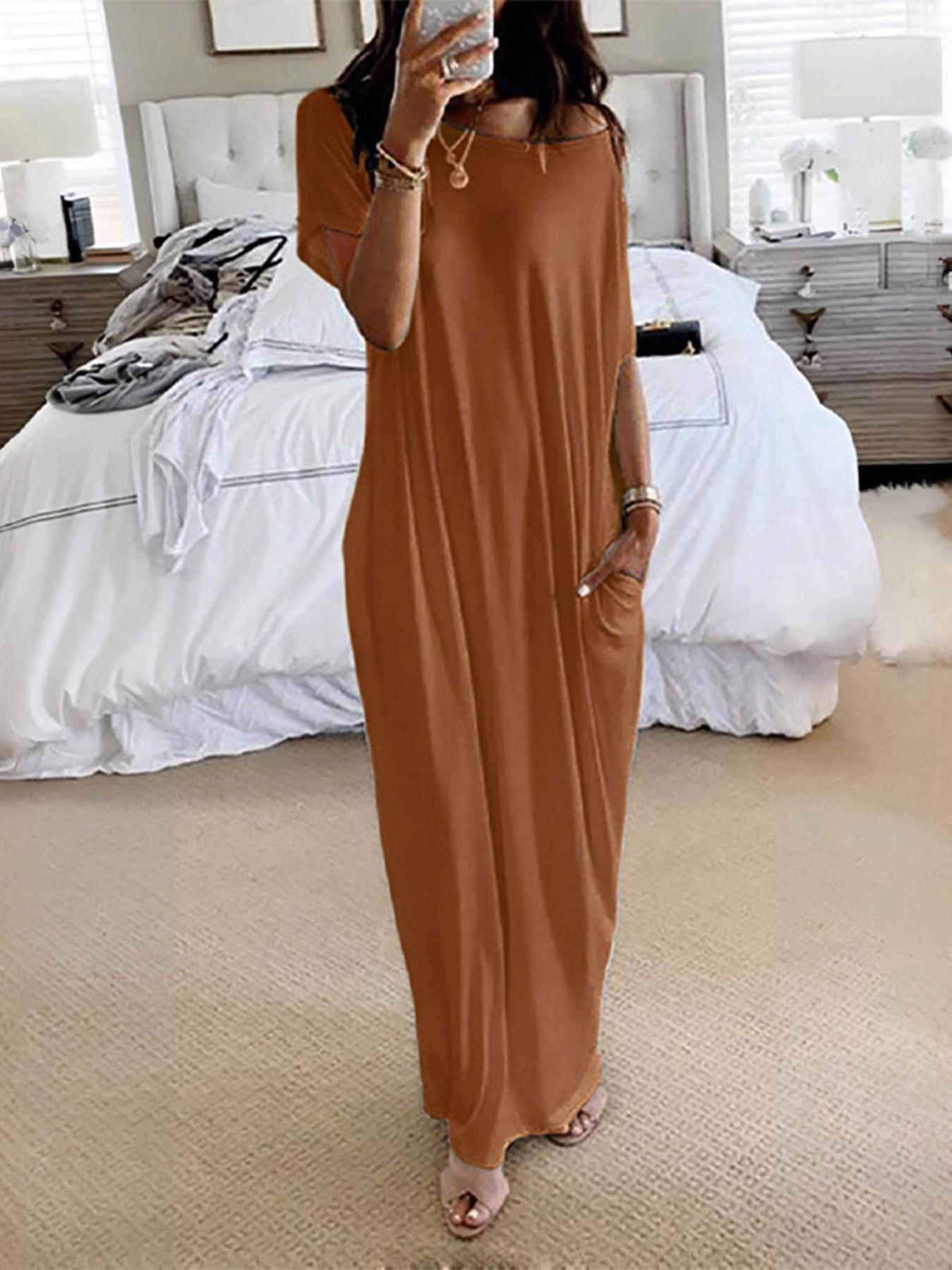 Women's Casual Boho Chic Loose Long T-Shirt Dress, Striped Short Sleeve One-Shoulder Sleepwear with Pockets, Comfortable Fit for Daily, Beach and Vacation Wear Boho Fashion