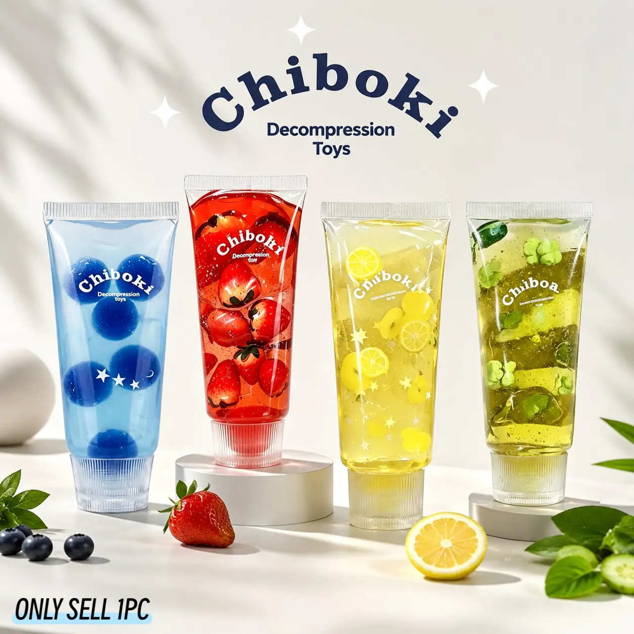 Chiboki Jam Squishy 4-styles - Toothpaste Tube Clear Gel Squeeze Fidget Sensory Toys No Mess ASMR Squeeze Stress Relief