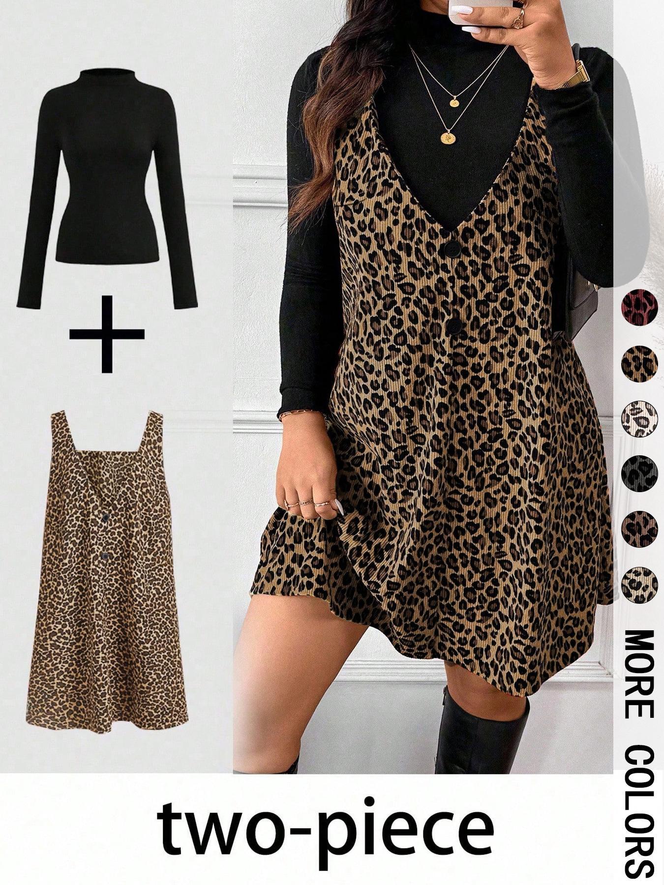 Women's High Neck Inner Layer + Leopard Print Strap Skirt Set, Casual Daily Spring Autumn Commuter, Two-Piece Ensemble Outfit