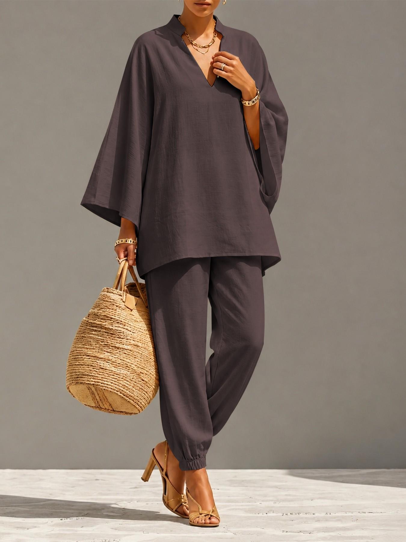 Women's Oversized Light Linen-Look 2-Piece Set, Batwing Long Sleeve Blouse Top & Drawstring Pants, Comfy Casual Style for Travel & Vacation