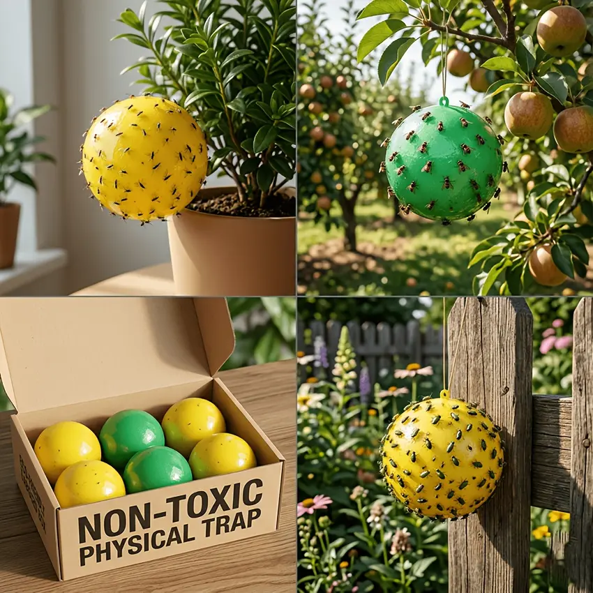 6‑Pack Sticky Fruit Fly Traps for Garden, Large 3.15 Inch Dual‑Color Yellow & Green Heavy‑Duty Insect Catcher Balls, Rainproof Non‑Toxic Physical Pest Control for Orchards and Vegetable Gardens