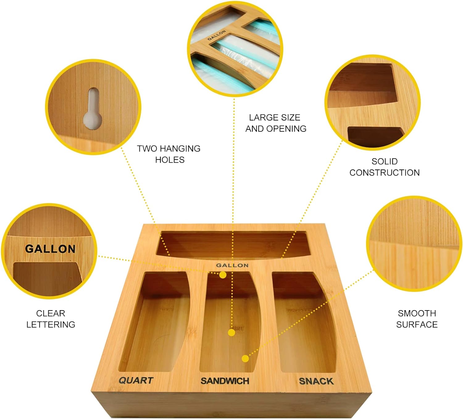 Bag Storage Organizer for Kitchen Drawer, Bamboo Organizer, Compatible with Gallon, Quart, Sandwich and Snack Variety Size Bag (1 Box 4 Slots), Eco-Friendly Kitchen Cabinet Organizer