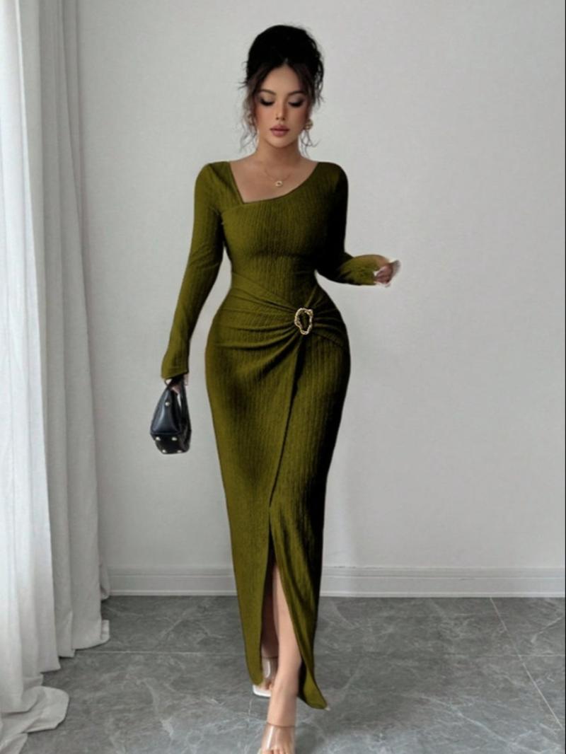 Women's Fashion Solid Color Twisted Long Dress, Asymmetrical-Neck Knitted Texture Bodycon Slit Design Dress, Classy Modest Fall Winter Women Clothes