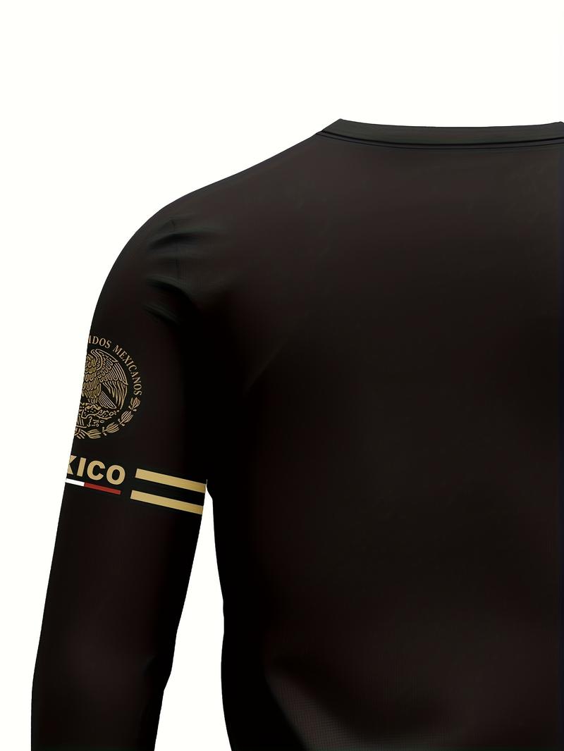Men's 3D Print Long Sleeve T-Shirt, Breathable Comfort, Casual Sports Mexican Pattern, Fitted Crop Top, All Seasons Wear