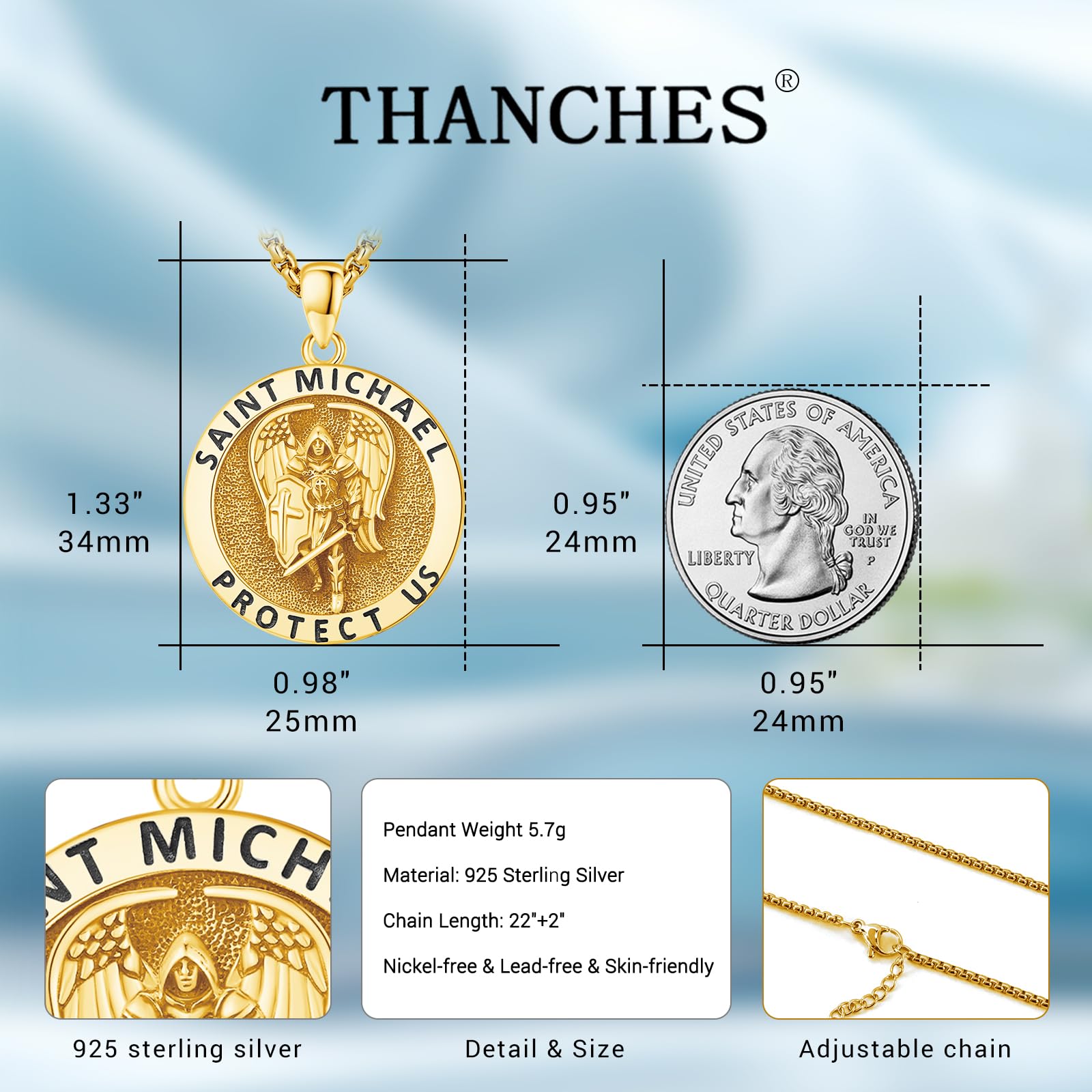 DRINSPER Golden Saint Michael Necklace 925 Sterling Silver Pendant St Michael the Archangel Protection Amulet for Men Boyfriend