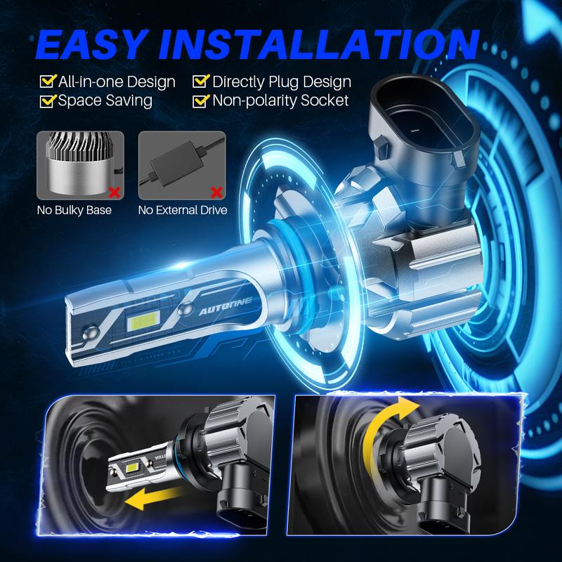 AUTOONE 9005/HB3 9006 H11 Bulbs Headlight Lights, 60W Super Bright 6000K Cool White, 1:1 Design, Plug and Play, LED Car Lights, Bulbs Kit, E3 Series Pack of 2