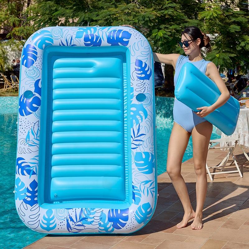 Large Square Inflatable Float Bed with Backrest, Pool Float with Pillow and Cup Holder, 4-In-1 Sunbed, Party Gift, Swim Pool Lounge Chair