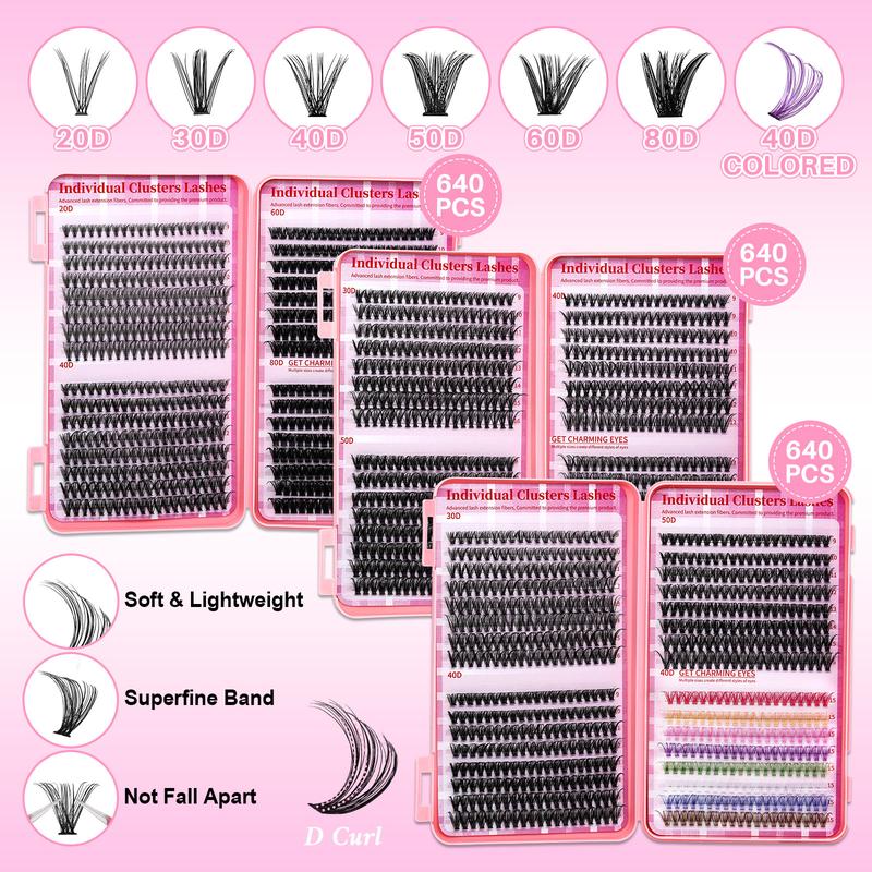 1920 PCS or 640 PCS D-Curl Lash Clusters Kit, DIY Eyelashes Kit, 8 Natural and Colorful Styles Lash Book with Bond and Seal, Brush Applicator, Headband and Wristband, Easy DIY Extensions for Daily Makeup