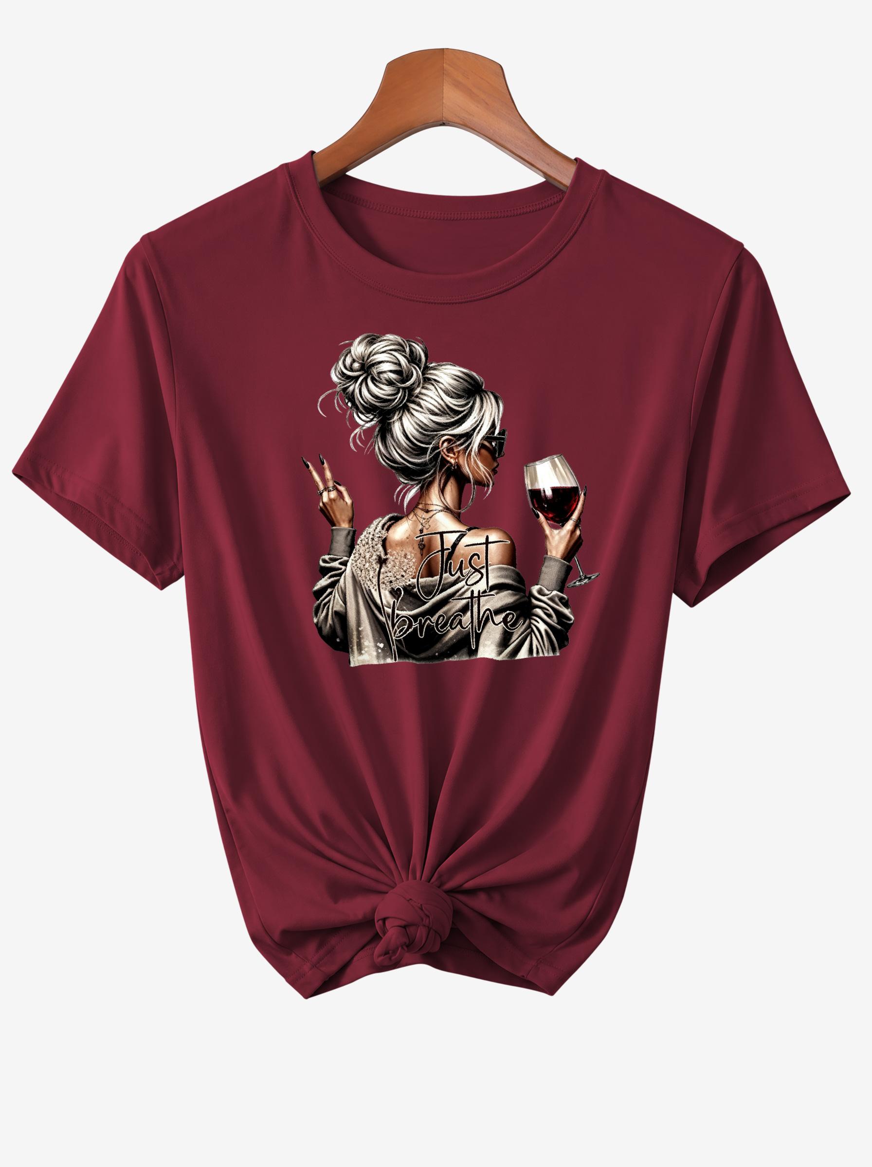 Women's Lazy Bun Wine Girl Print Short Sleeve T-Shirt, Fashion Casual Round Neck Summer Loose Top, Ideal Gift for Wine Lovers, Mom, Best Friend