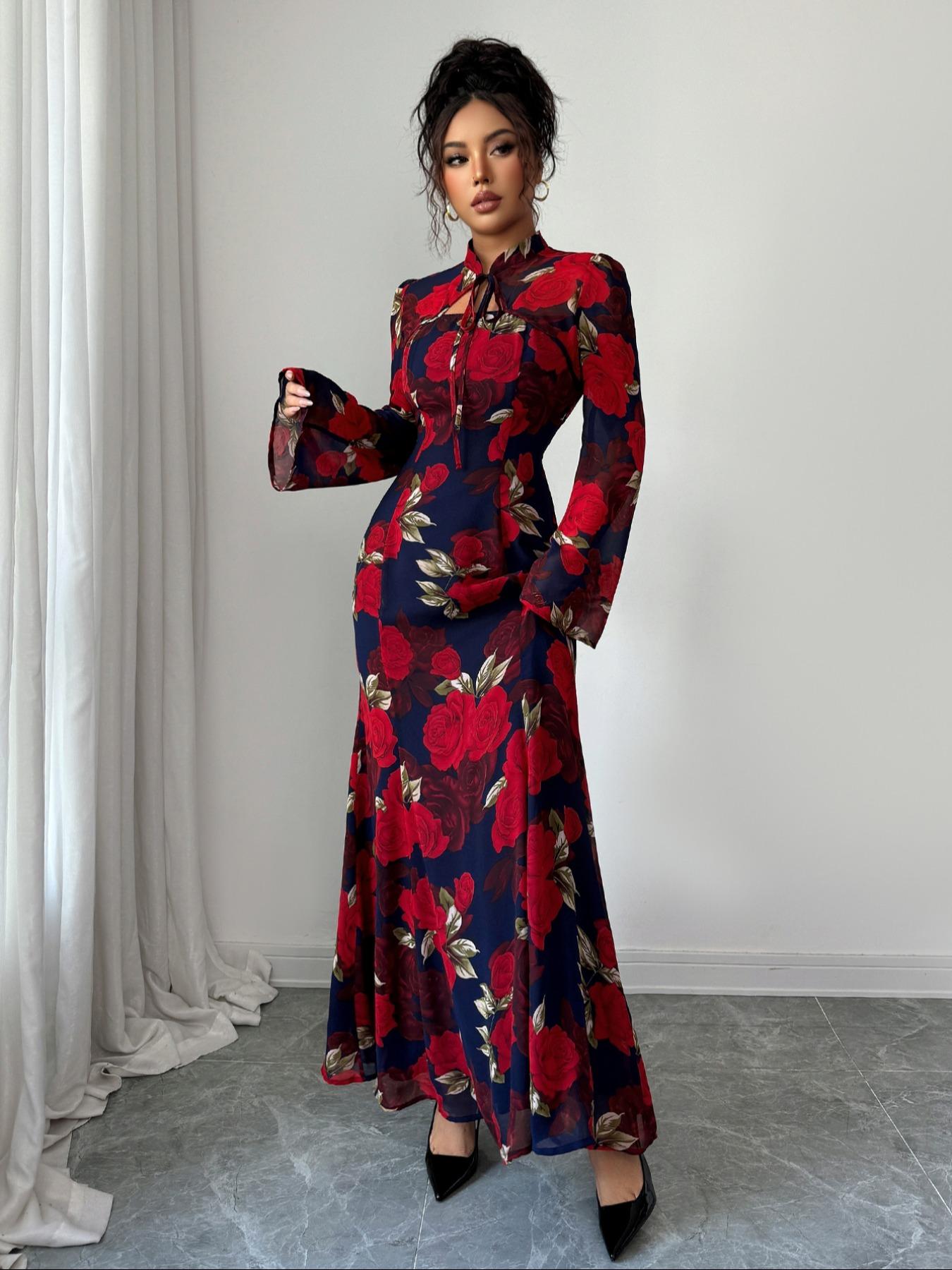 Fashion Elegant Floral Print Stand Collar Tie Waist Long Dress, Fitted Long Sleeve, Fall Season, Womenswear