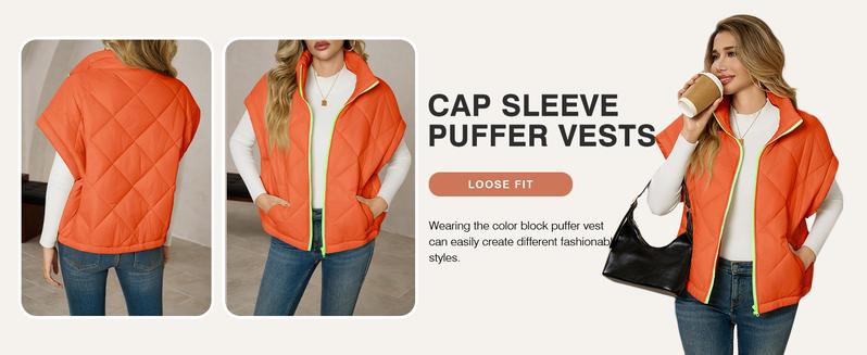 Tankaneo Womens Lightweight Puffer Vests Sleeveless Quilted Jackets Short Sleeve Zip Up Vest Oversized Warm Outerwear