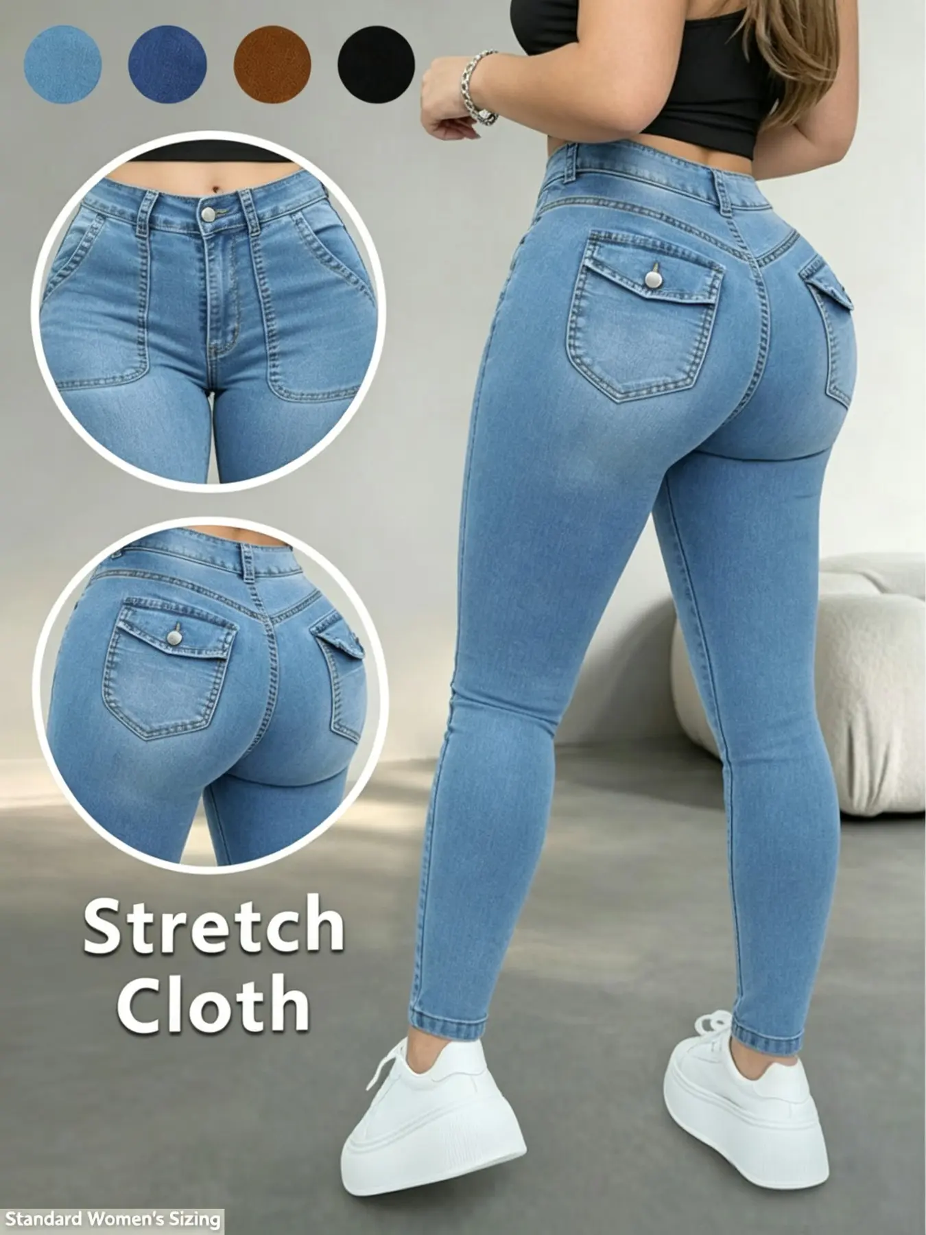 Elastic Fitted High-Waist Women's Jeans, Pocket Design Light Wash Skinny Conceal Fat Slim Fit Denim Jeans, Daily Versatile Pear Shape Friendly Pants
