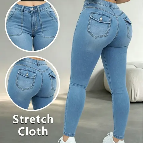 Elastic Fitted High-Waist Women's Jeans, Pocket Design Light Wash Skinny Conceal Fat Slim Fit Denim Jeans, Daily Versatile Pear Shape Friendly Pants