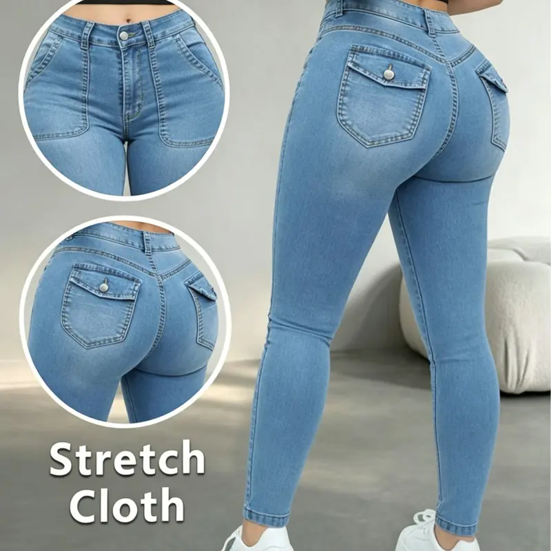 Elastic Fitted High-Waist Women's Jeans, Pocket Design Light Wash Skinny Conceal Fat Slim Fit Denim Jeans, Daily Versatile Pear Shape Friendly Pants