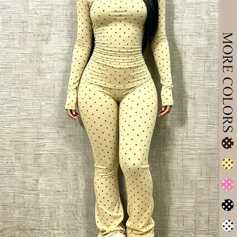Women's Vintage Polka Dot Two-Piece Set, Top, Slim-Fit High Waist Pants, Soft Stretch Fabric, Versatile for Daily Wear, Y2K Style