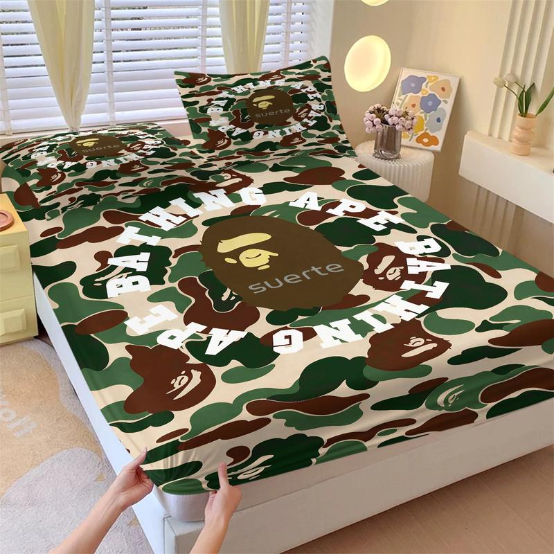 Bape ABC Camo Print 3-Piece Fitted Sheet Set, Includes 2 Pillowcases, Featuring The Classic Brand and Iconic Ape Head Logo. Soft and Comfortable, Perfect for A Street-Style Bedroom Decor. An Ideal Gift for Streetwear Enthusiasts.