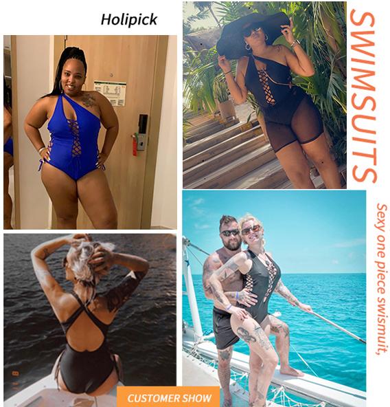 Holipick Women Sexy One Piece Swimsuit One Shoulder Bathing Suit Lace Up Swimwear