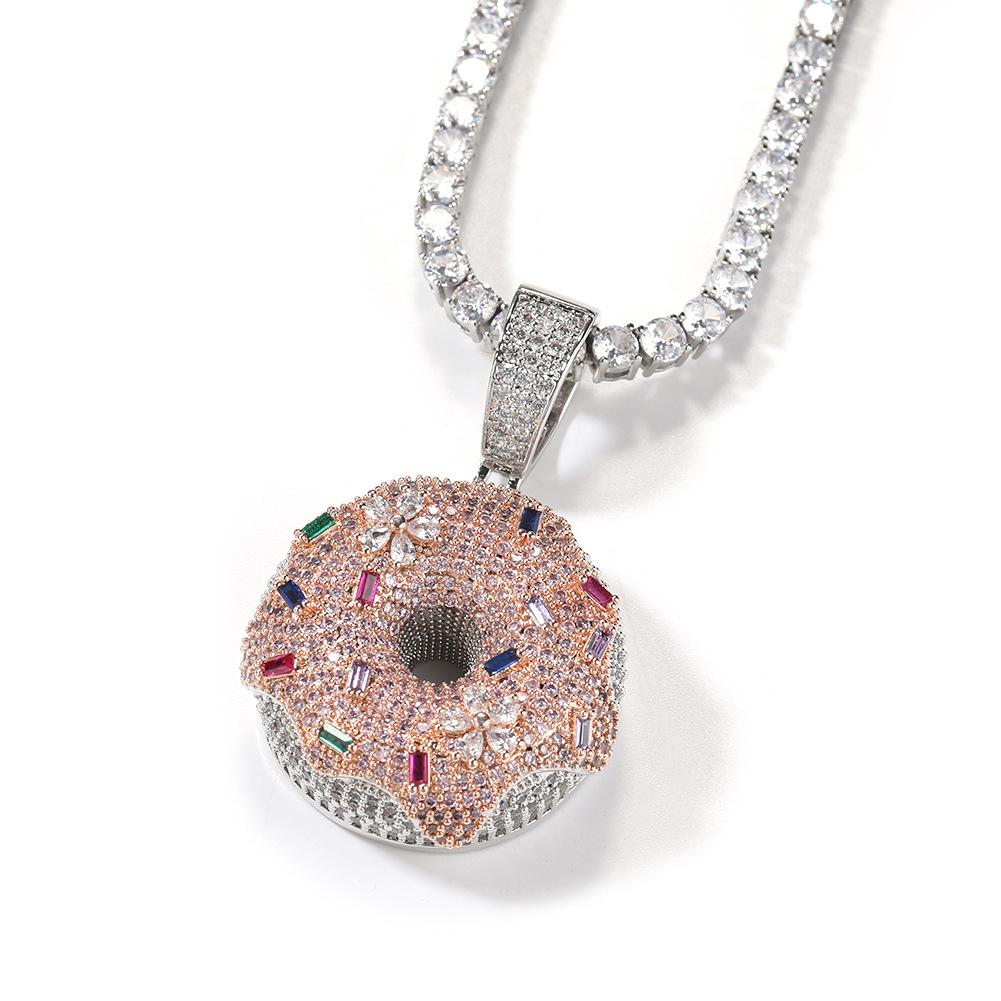 Loveden Hip Hop Iced Out Colorful Donut Pendant Necklace, Full Micro Pave Cubic Zirconia Donut Charm, Trendy Brand Quirky Streetwear Jewelry, Unique Fun Fashion Accessory, Unisex Statement Ornament for Men Women, Ideal for Daily Outfits, Club Party & Casu