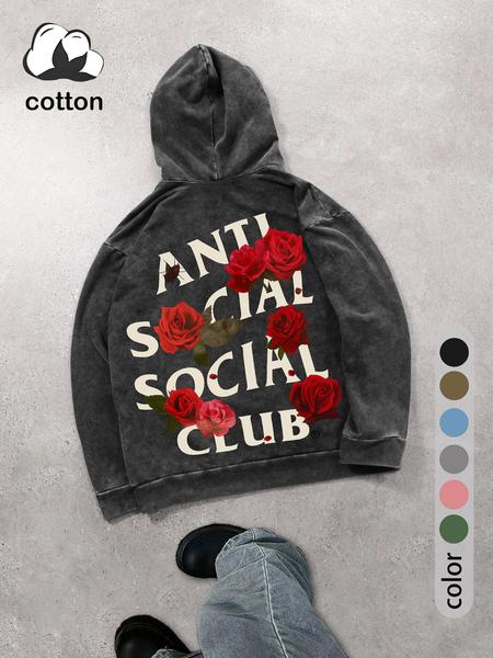 Street life men's graphic print long-sleeved hooded sweatshirt, cotton washed and distressed with pockets loose sports hoodie