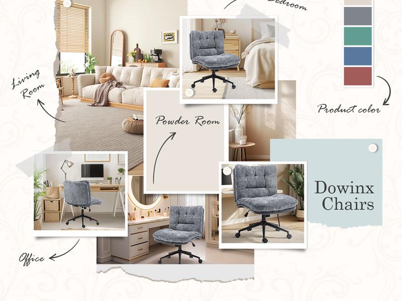 Dowinx Criss Cross Chair with Wheels, Dual-Layer Thickened Cushion Cross Legged Office Chair, Premium Fabric Morden Home Vanity Chair Wide Seat, Adjustable Swivel Computer Desk Chair