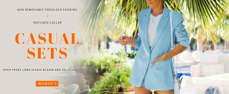 Goranbon Women's 2 Piece Open Front Long Sleeve Blazer and Solid Short Pants Suit Sets Goranbon Women's 2 Piece Open Front Long Sleeve Blazer and Solid Short Pants Suit Sets