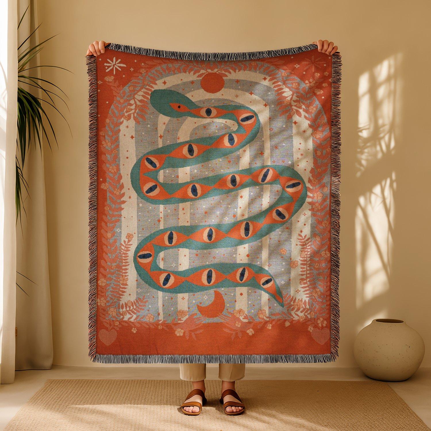 Multi-Function Tassel Woven Blanket -Green Snake Pattern Bed Blanket, Also for Sofa Cover Couch Throw Blanket Armchair Home Decor Room Wall Art Tapestry Furniture Slipcover Tablecloth Shawl Outdoor Picnic Camping Beach Towel Office Nap Hippie