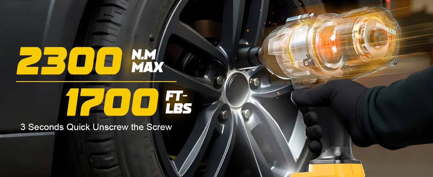 1700Ft-lbs (2300N.m) Cordless Impact Wrench 1/2" Compatible with Dewalt/Milwaukee Battery(No Battery!!),Brushless Impact Gun with 4 Modes & LED Light for CarTruck