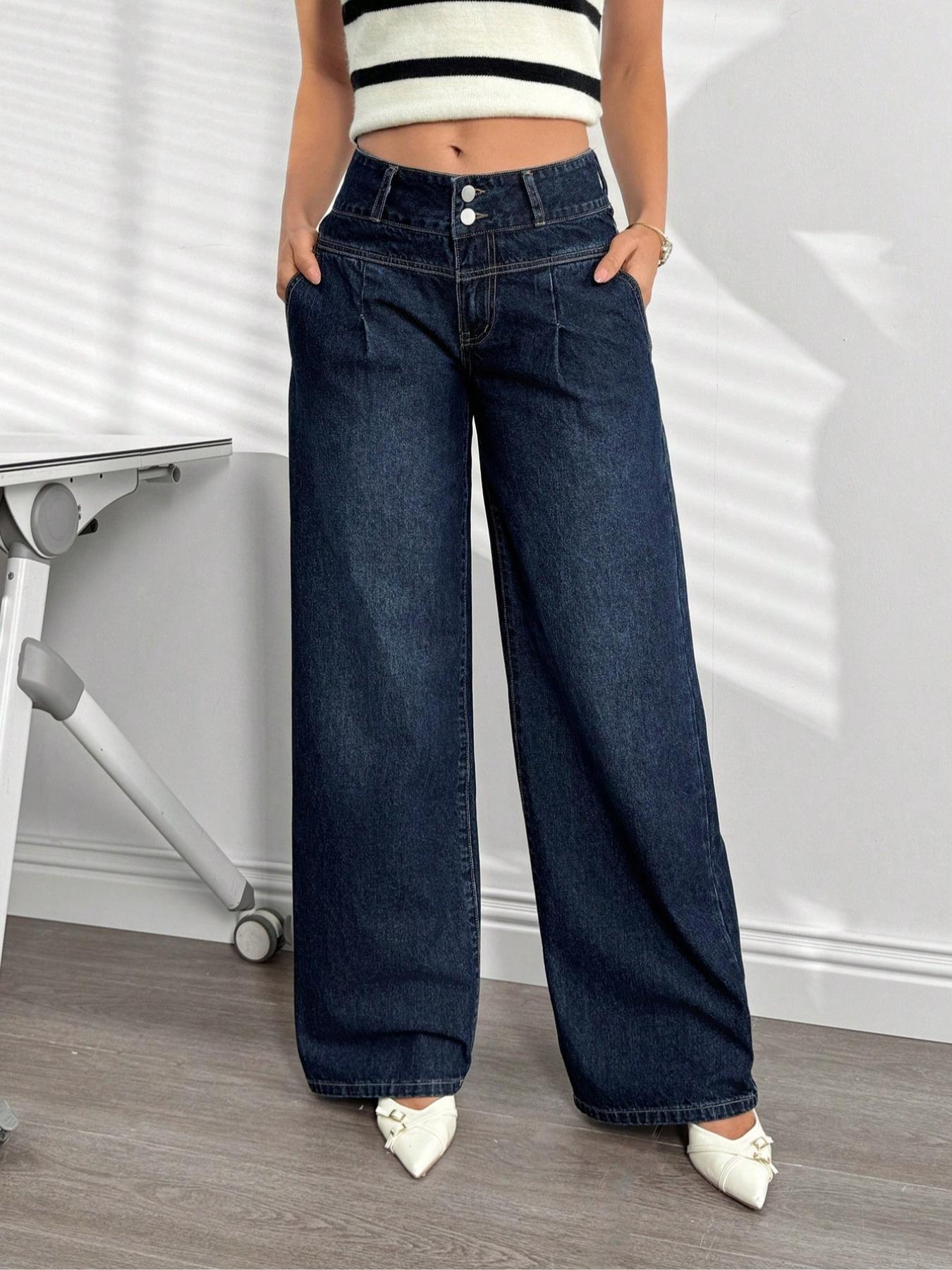 Women's Wide-Leg Loose-Fit Jeans Pants, High-Waisted Button Fly Denim Jeans with Pockets, Fashionable Comfortable Everyday Casual Wear for All Seasons