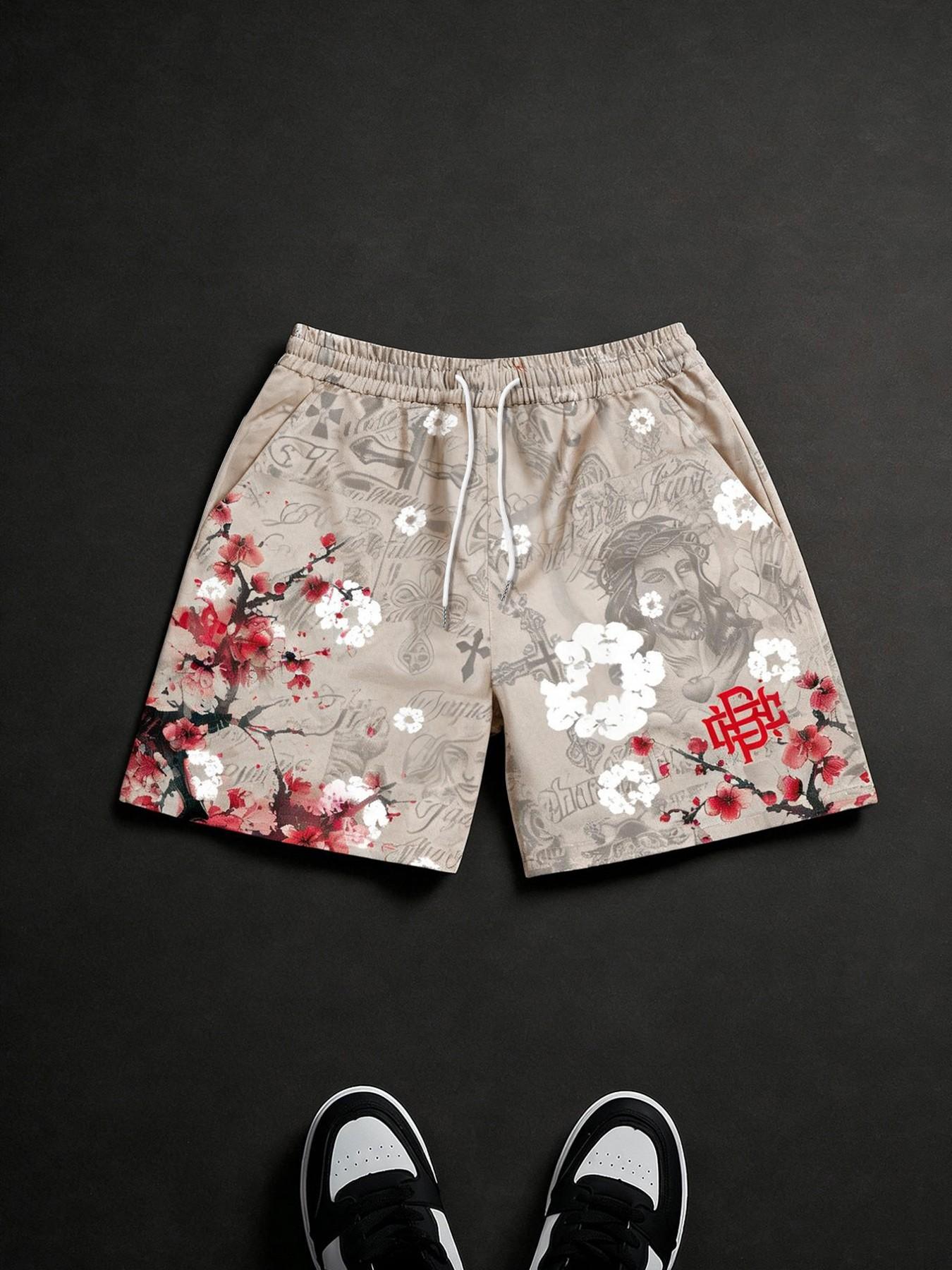 Unisex Jesus Religious Cherry Blossom Print Oversized Drawstring Casual Shorts | Y2K Gothic Japanese Aesthetic High Street American Retro Streetwear Beach Shorts